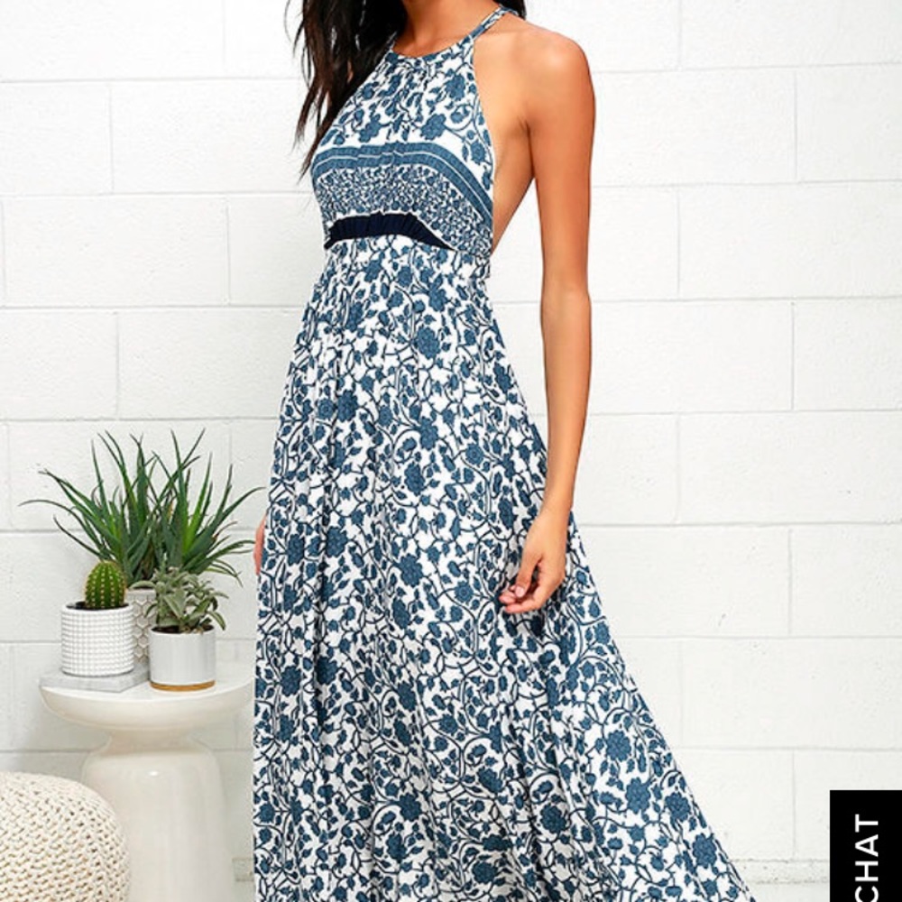 Lulus Ivory & Blue Floral Print Maxi Dress